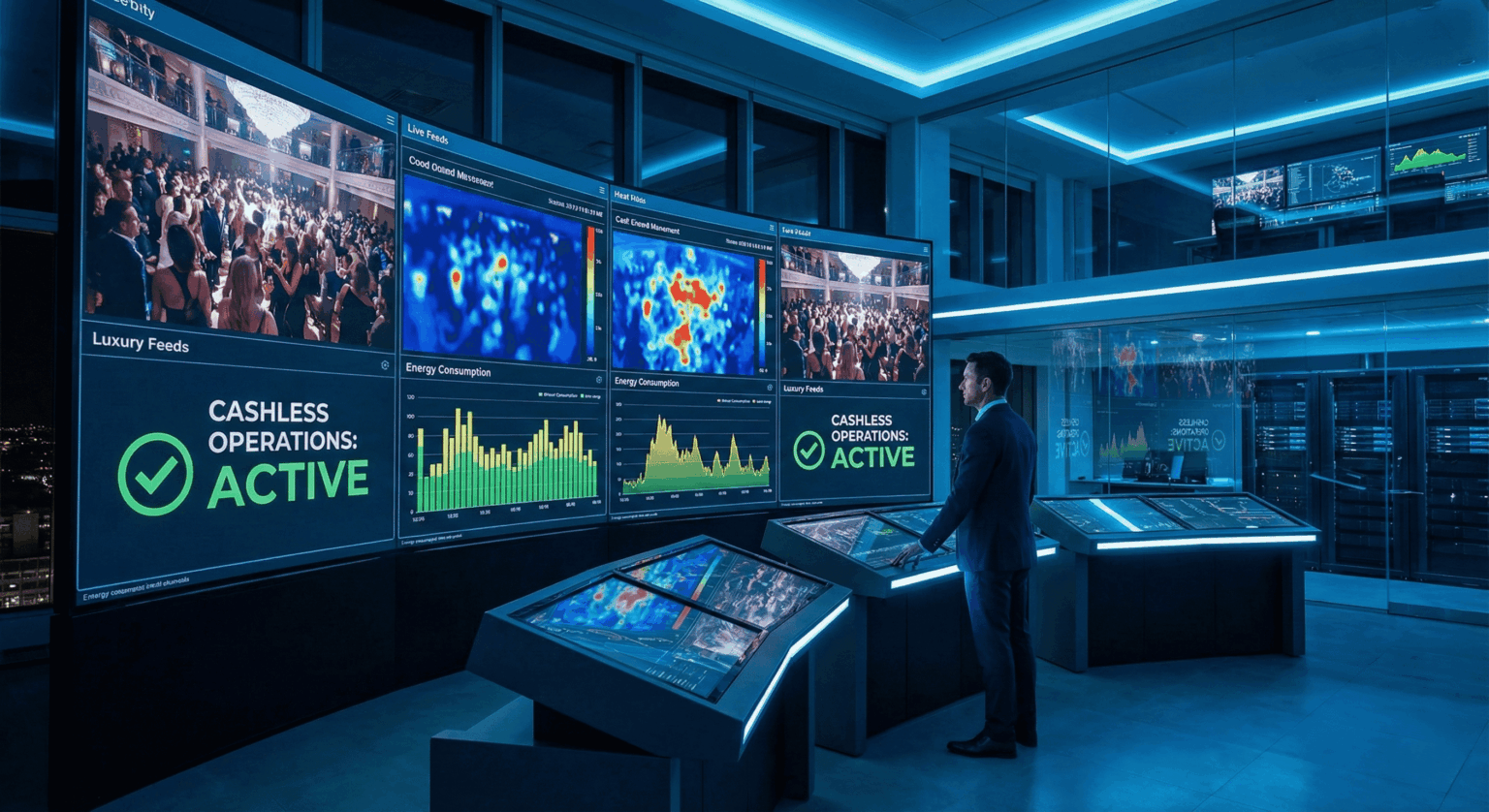 Centro de control tecnológico de INNOVANIGHTS con pantallas de monitorización de activos de ocio nocturno