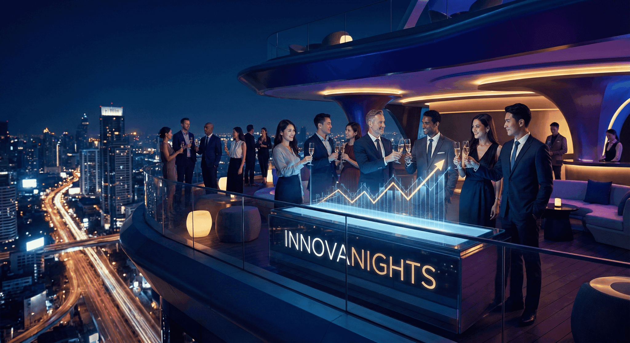 Rooftop de lujo nocturno con vistas al skyline iluminado: activo de ocio premium para inversores de INNOVANIGHTS